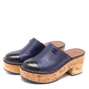 CHANEL Navy and Black Leather Cap Toe Cork Platform Mules